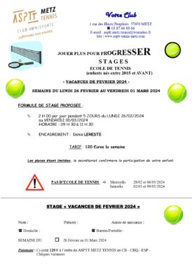 STAGES TENNIS ENFANTS du 26 février au 1er mars 2024 ASPTT Metz Club